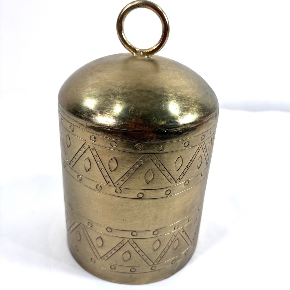 Pottery Barn Bell Gold Brass Etched Geometric Pattern Made in India Large 8in - Picture 2 of 7